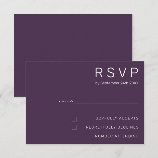 Invitation Elégant Pastel Minimal Purple Mariage moderne RSVP (Devant / Derrière)