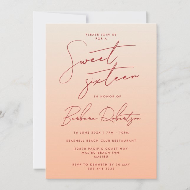 Invitation Élégant Pastel Peach Ombre Script Sweet sixteen (Devant)