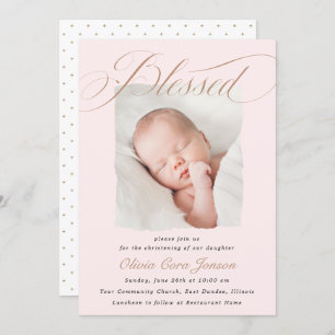 Invitation Élégant Pastel Rose Dusty Script Baptême Photo Dan