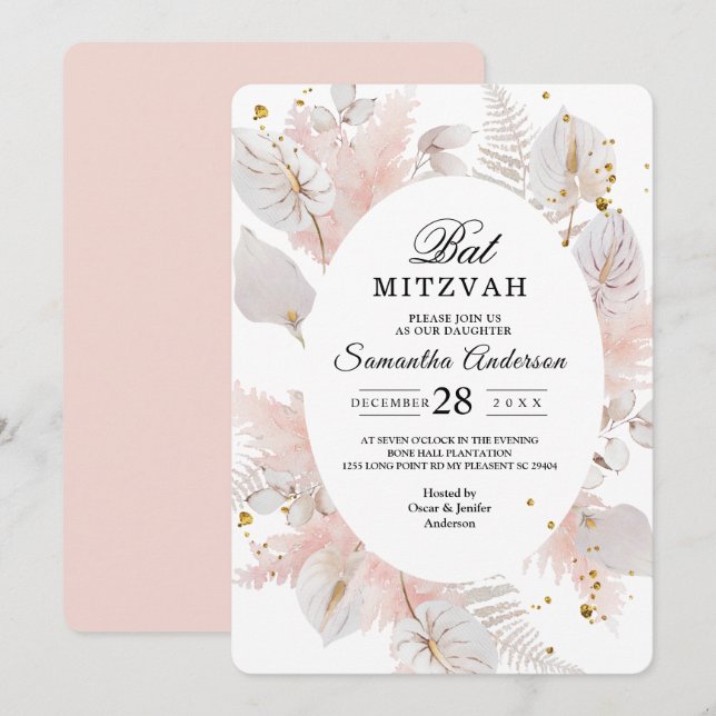 Invitation Elégant Pastel Rose Floral Frame & Gold Drops (Devant / Derrière)