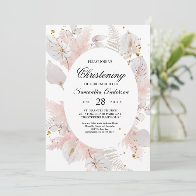 Invitation Elégant Pastel Rose Floral Frame & Gold Drops (Debout devant)