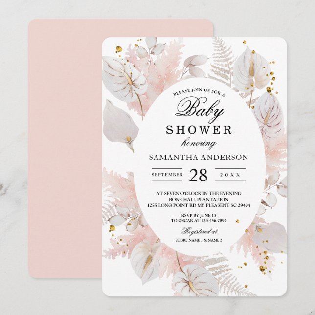 Invitation Elégant Pastel Rose Floral Frame & Gold Drops (Devant / Derrière)
