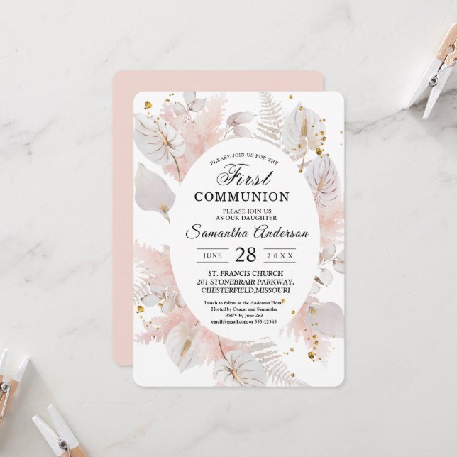 Invitation Elégant Pastel Rose Floral Frame & Gold Drops (Devant/Arrière en situation)