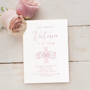Invitation Elégant Pastel rose main tiré Bow 1er anniversaire