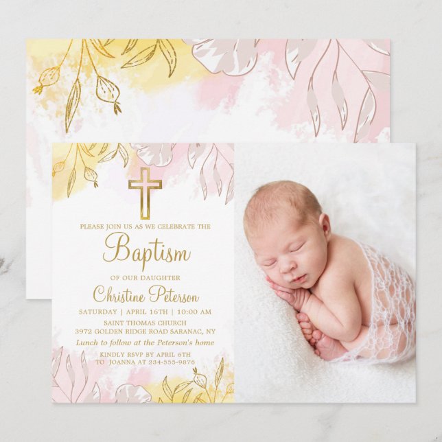 Invitation Élégant Pastel rose or floral fille Baptême Photo (Devant / Derrière)