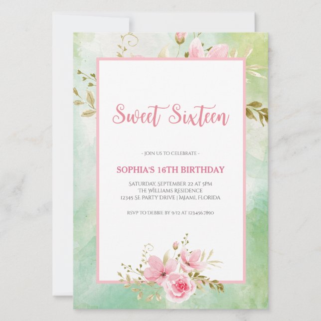 Invitation Elégant Pastel Vert & Sweet sixteen rose Floral (Devant)