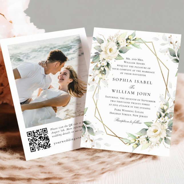 Invitation Elégant Pastel White Roses Eucalyptus Mariage (Créateur téléchargé)