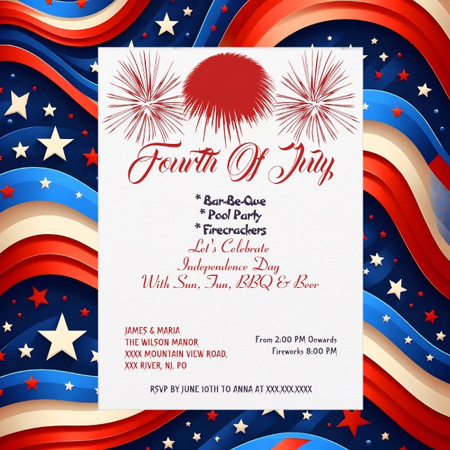 Invitation Élégant Patriotique 4 Juillet Firecrackers Parti B (Elegant Patriotic 4th July Firecrackers BBQ Party Invitation)
