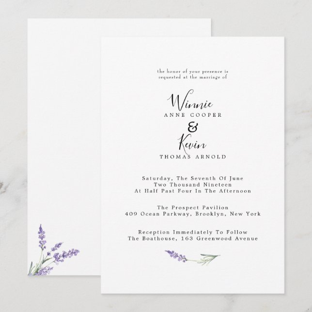 Invitation Élégant pays Lavender Mariage (Devant / Derrière)