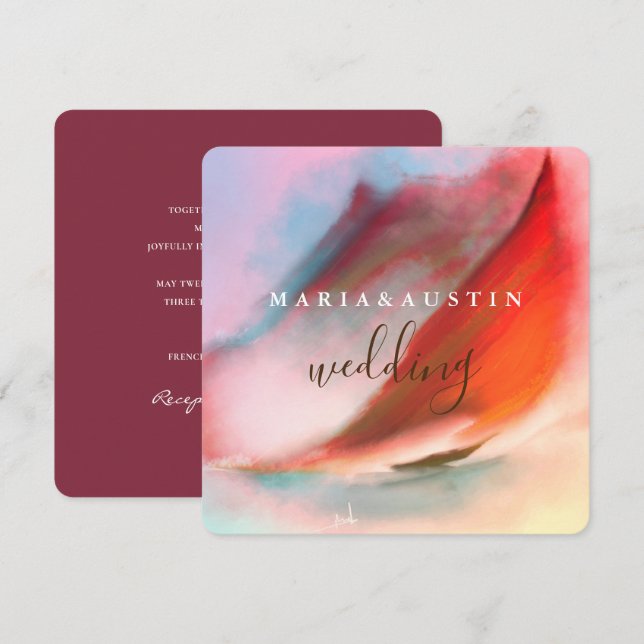 Invitation Elégant paysage aquarelle Rouge Bourgogne Mariage (Devant / Derrière)