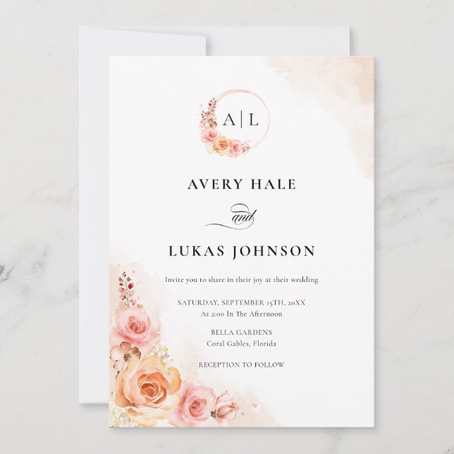 Invitation Élégant Peach Blush Floral Boho Mariage (Devant)