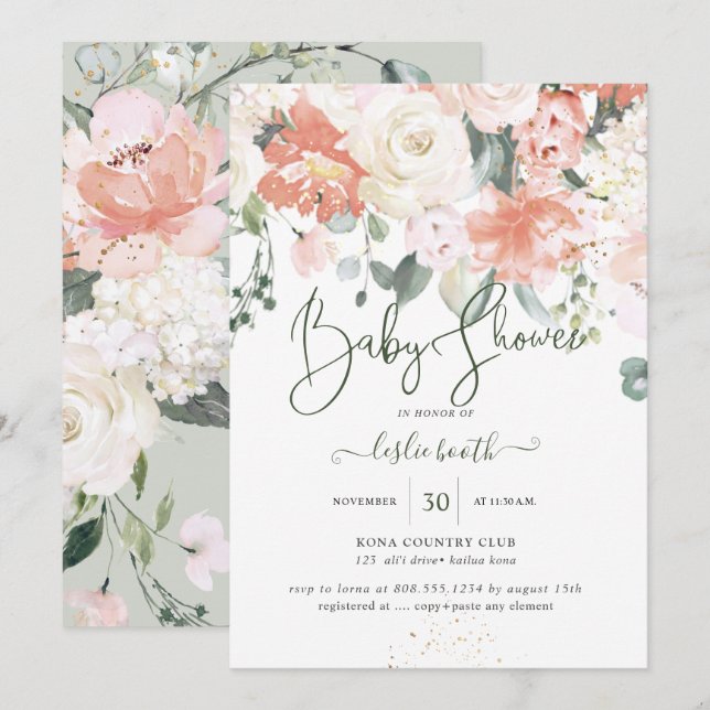 Invitation Elégant Peach Peonies Crème Rose Baby shower (Devant / Derrière)