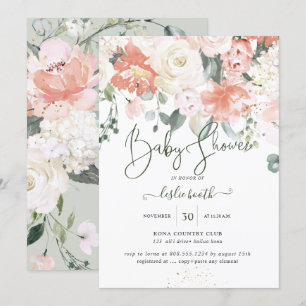 Invitation Elégant Peach Peonies Crème Rose Baby shower