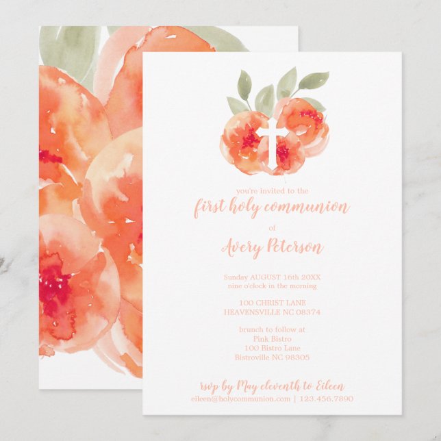 Invitation Élégant Peach Peonies croisent la première communi (Devant / Derrière)