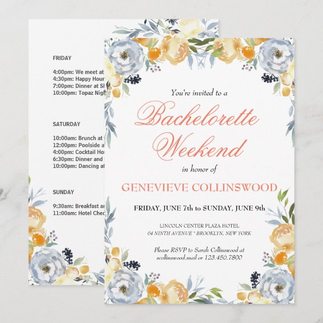 Invitation Élégant PeachFloral Bachelorette Week-end Itinérai (Devant / Derrière)