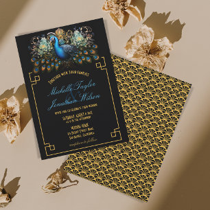 Invitation Elégant Peacock Art Déco Noir et Or Vintage
