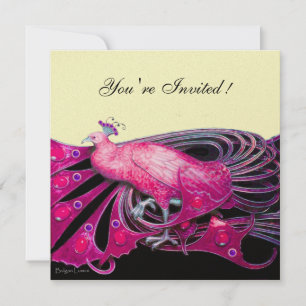 INVITATION ELÉGANT PEACOCK EN FUCHSIA, ROSE, NOIR ET OR