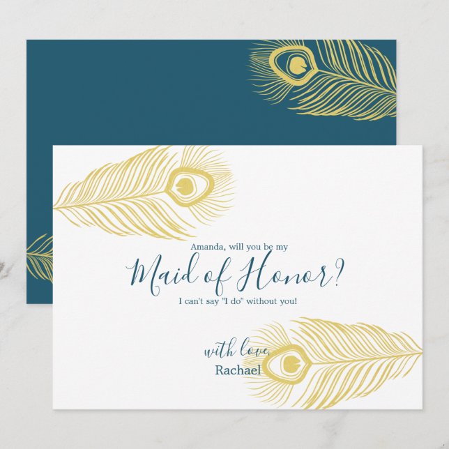 Invitation Elégant Peacock Gold Be My Maid of Honor Card (Devant / Derrière)