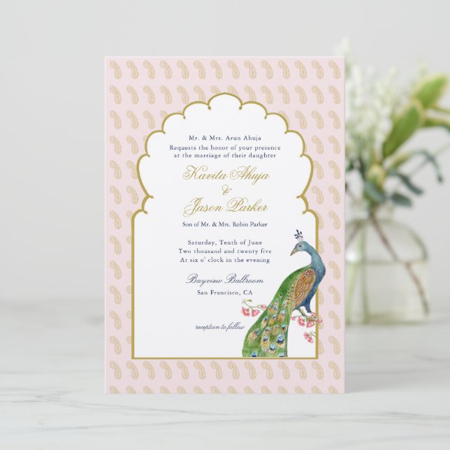 Invitation Elégant Peacockmariage indien rose et or (Debout devant)