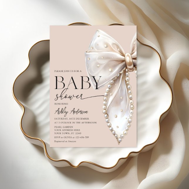 Invitation Elégant Pearl Bow Beige Baby shower neutre (Créateur téléchargé)