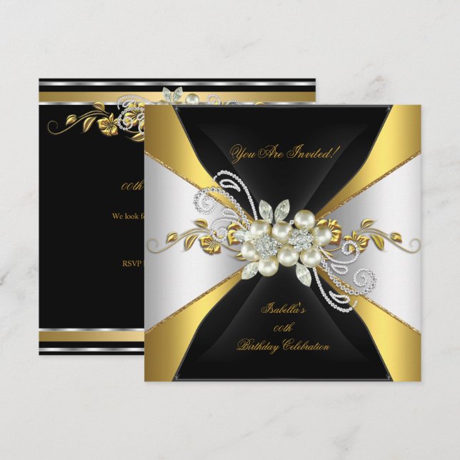 Invitation Elégant Pearl Gold Diamond Argent Anniversaire 3 (Devant / Derrière)