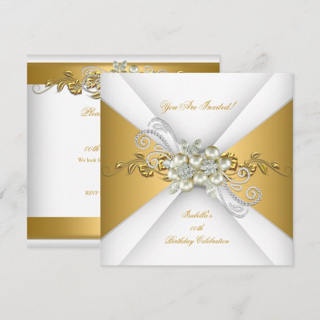 Invitation Elégant Pearl Gold Diamond Argent Partie d'anniver (Devant / Derrière)
