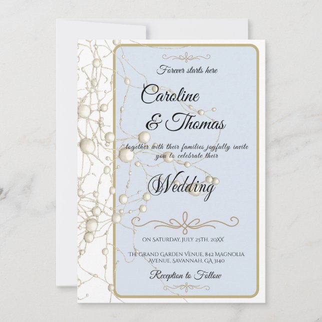 Invitation Elégant Pearl Gold Script Mariage Perles romantiqu (Devant)