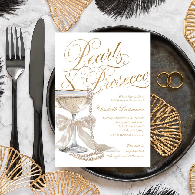 Invitation Elegant Pearls & Prosecco White Bow Bridal Shower  (Elegant Pearls & Prosecco White Bow Bridal Shower Invitation)