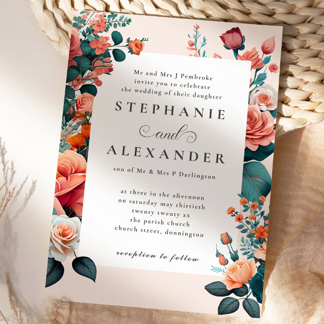 Invitation Elégant Pêche et Turquoise Floral Mariage (Créateur téléchargé)