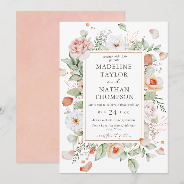 Invitation Elégant Pêche Floral Aquarelle Mariage frontière (Devant / Derrière)