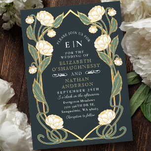 Invitation Elégant Peony blanc Art Nouveau Floral Mariage