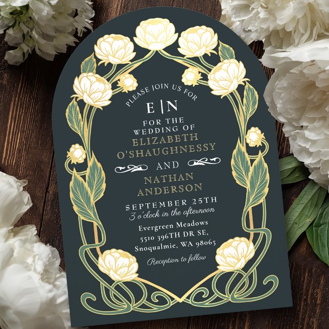 Invitation Elégant Peony blanc Art Nouveau Floral Mariage (Créateur téléchargé)