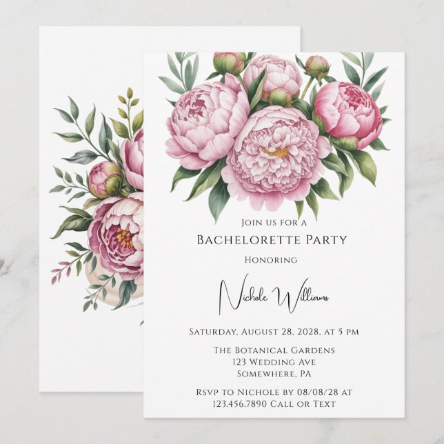 Invitation Élégant Peony Floral Bachelorette Party (Devant / Derrière)