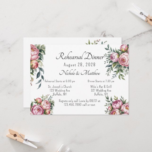 Invitation Elégant Peony Floral Mariage Rehearsdale Dîner (Devant/Arrière en situation)