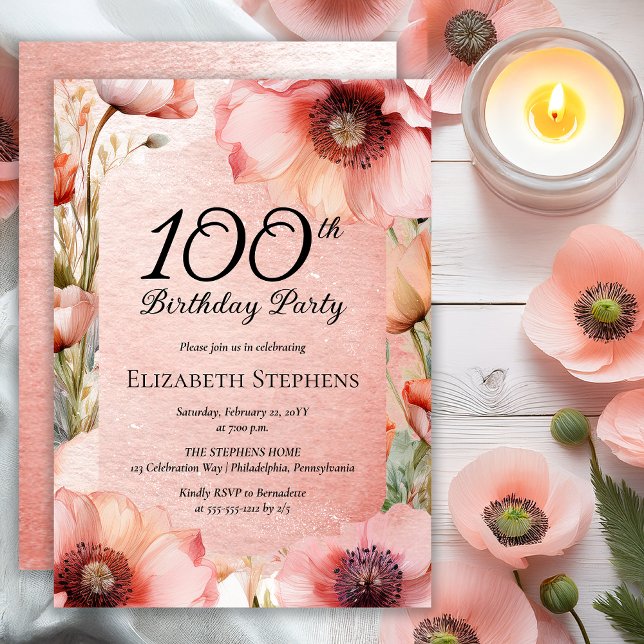 Invitation Élégant Peps Rose Floral 100e fête d'anniversaire (Elegant Pink Poppies Floral 100th Birthday Party Invitation - Print | Digital Download)