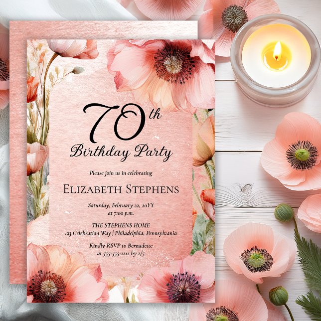 Invitation Élégant Peps Rose Floral 70e fête d'anniversaire (Elegant Pink Poppies Floral 70th Birthday Party Invitation - Print | Digital Download)