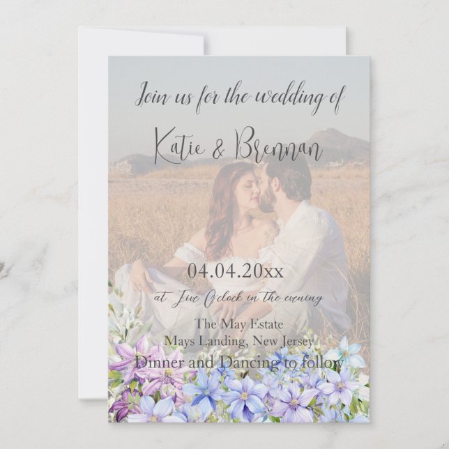 Invitation Elegant Periwinkle Clematis Photo QR Code Mariage (Devant)