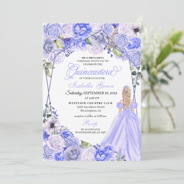 Invitation Élégant Pervent bleu Quinceanera Floral (Debout devant)