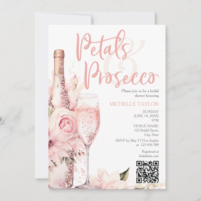 Invitation Élégant Petals & Prosecco Boho Blush Pink QR Code (Devant)