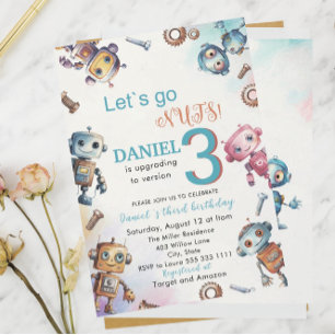 Invitation Elégant Petit Robot Aquarelle Bébé 3 Anniversaire 