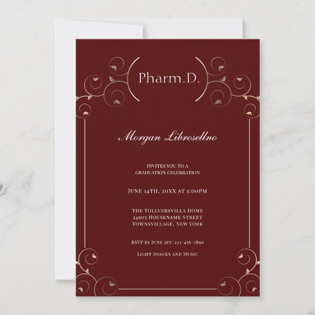 Invitation Élégant Pharm.D Gold Burgundy Graduation (Devant)
