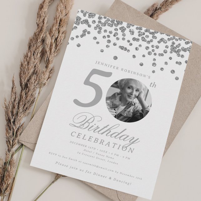 Invitation Elegant Photo 50th Birthday Silver Confetti (Elegant Photo 50th Birthday Silver Confetti Invitation)