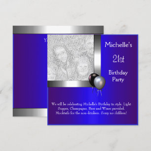 Invitation Élégant Photo Ballon Bleu Argent 21e Anniversaire