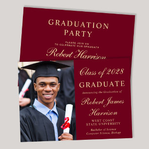 Invitation Élégant Photo College Burgundy Graduation Party
