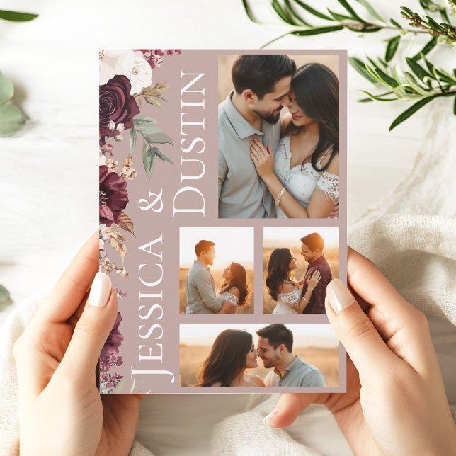 Invitation Élégant Photo Dusty Rose rose Floral Mariage (Modern Burgundy Dusty Rose Photo Collage Wedding Invitation
)
