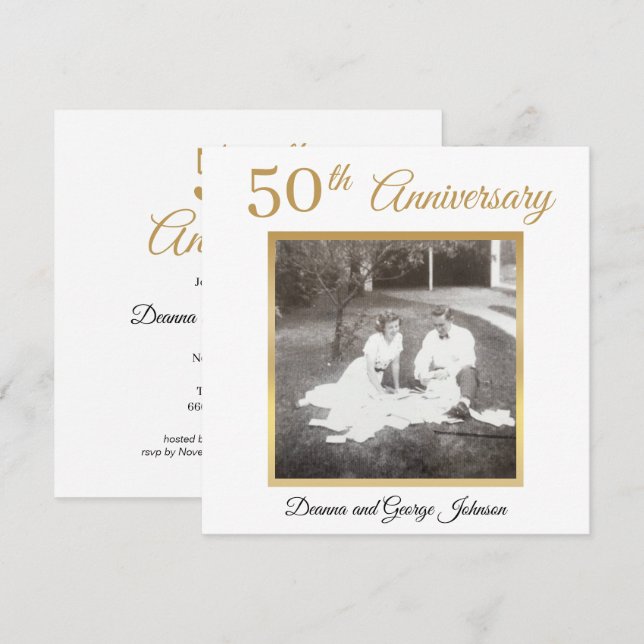 Invitation Élégant Photo en Or 50ème Anniversaire de Mariage (Devant / Derrière)