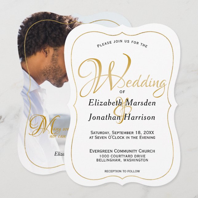Invitation Élégant Photo Gold Script Mariage religieux (Devant / Derrière)