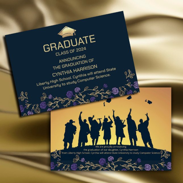 Invitation Elégant Photo Marine Bleu et Or ("A touch of elegance for your gratitude! 🌷🎓 #PartyPrep #FloralAccents #NavyAndGoldPalette #purple)