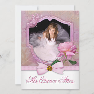 Invitation Élégant Photo Rose papillon rose Quinceanera
