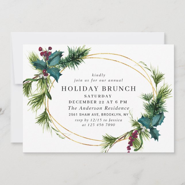 Invitation Élégant Pine Holly Berry Noël Brunch de Noël (Devant)